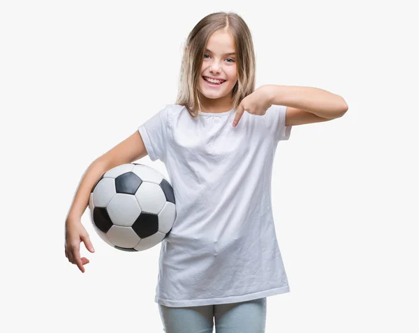 Young Beautiful Girl Holding Soccer Football Ball Isolated Background Surprise — Stock Photo, Image