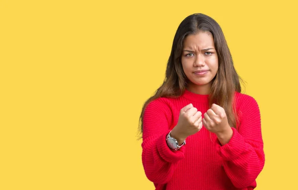 Jovem Bela Mulher Morena Vestindo Camisola Vermelha Inverno Sobre Fundo — Fotografia de Stock