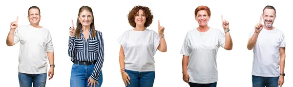 Collage Group Senior People Isolated Background Showing Pointing Finger Number — Stock Photo, Image