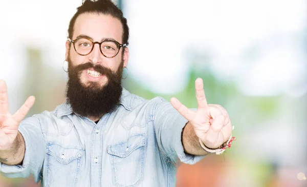Young Hipster Man Long Hair Beard Wearing Glasses Smiling Looking — Stock Photo, Image