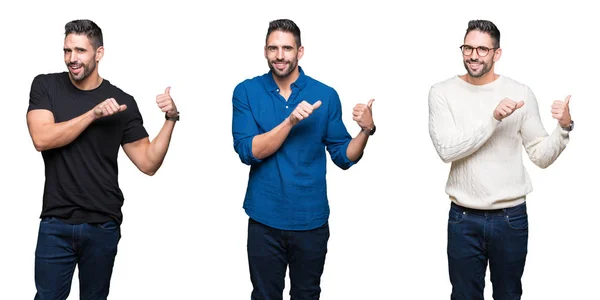 Colagem Homem Bonito Sobre Fundo Isolado Branco Apontando Para Trás — Fotografia de Stock