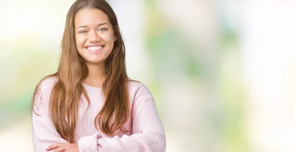 Joven Hermosa Morena Vistiendo Suéter Invierno Rosa Sobre Fondo Aislado —  Fotos de Stock