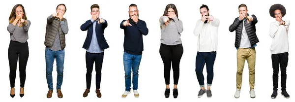 Collage Personer Över Vita Isolerade Bakgrunden Skratta Pekar Till Kameran — Stockfoto