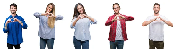 Kolaj Gençlerin Aşık Kalp Simgesi Elleriyle Şekil Gösteren Gülümseyen Beyaz — Stok fotoğraf