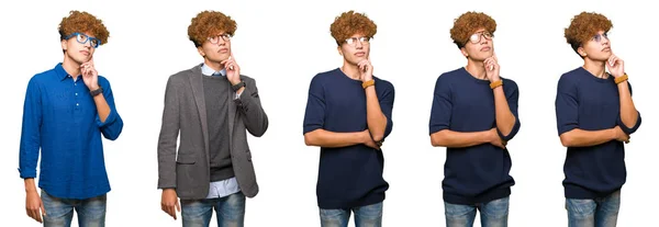 Collage Young Business Man Wearing Glasses Isolated White Background Hand — Stock Photo, Image