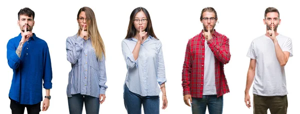 Collage Ungdomar Över Vit Isolerade Bakgrund Ber Att Vara Tyst — Stockfoto