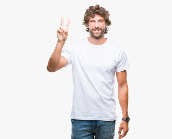 Yakışıklı Spanyol Modeli Adam Gösterilen Parmakları Ile Işaret Izole Arka — Stok fotoğraf