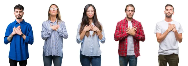 Collage Jóvenes Sobre Fondo Blanco Aislado Sonriendo Con Las Manos — Foto de Stock