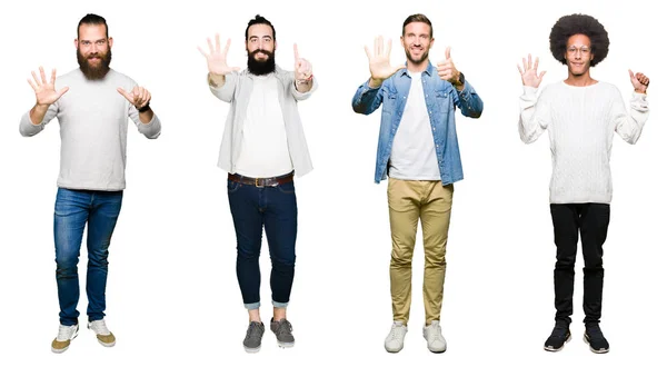 Kolaj Bir Grup Genç Adam Gösterilen Parmakları Ile Işaret Beyaz — Stok fotoğraf