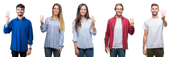 Collage Jóvenes Sobre Fondo Blanco Aislado Mostrando Apuntando Hacia Arriba — Foto de Stock