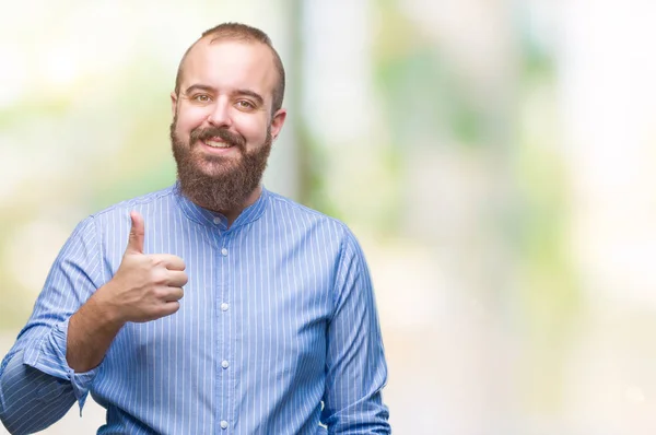 Homem Jovem Hipster Caucasiano Sobre Fundo Isolado Fazendo Polegares Felizes — Fotografia de Stock