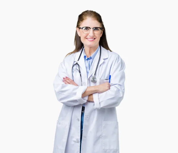 Medioevo Donna Medico Maturo Indossa Cappotto Medico Sfondo Isolato Volto — Foto Stock