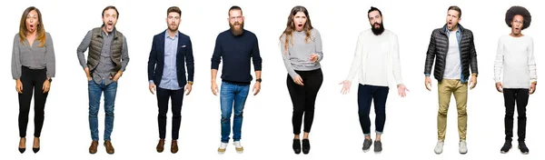 Collage People White Isolated Background Shock Face Looking Skeptical Sarcastic — Stock Photo, Image