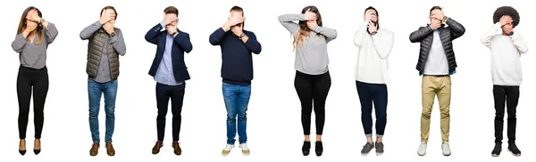 Collage People White Isolated Background Covering Eyes Mouth Hands Surprised — Stock Photo, Image