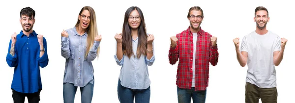 Collage Van Jongeren Het Vieren Van Witte Geïsoleerde Achtergrond Verrast — Stockfoto