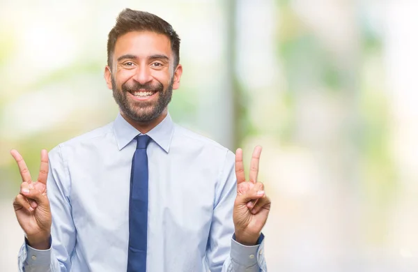 Homem Negócios Hispânico Adulto Sobre Fundo Isolado Sorrindo Olhando Para — Fotografia de Stock