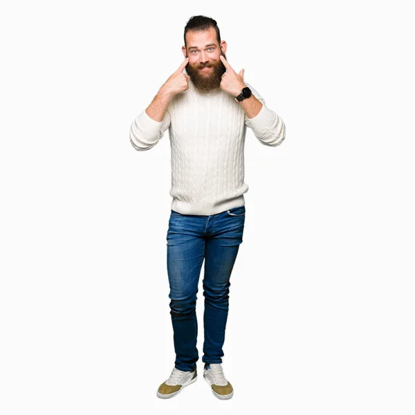 Young Hipster Man Wearing Winter Sweater Smiling Open Mouth Fingers — Stock Photo, Image