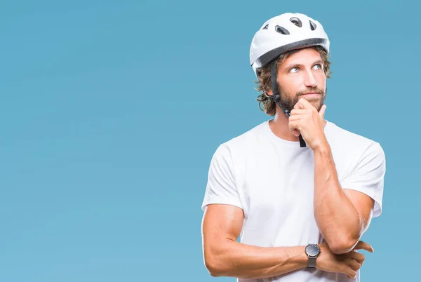 Handsome Hispanic Cyclist Man Wearing Safety Helmet Isolated Background Hand — Stock Photo, Image