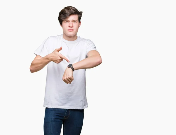 Jovem Bonito Homem Vestindo Casual Branco Shirt Sobre Isolado Fundo — Fotografia de Stock