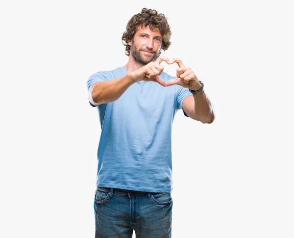 Bonito Homem Modelo Hispânico Sobre Fundo Isolado Sorrindo Amor Mostrando — Fotografia de Stock