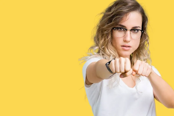 Beautiful Young Blonde Woman Wearing Glasses Isolated Background Punching Fist — Stock Photo, Image