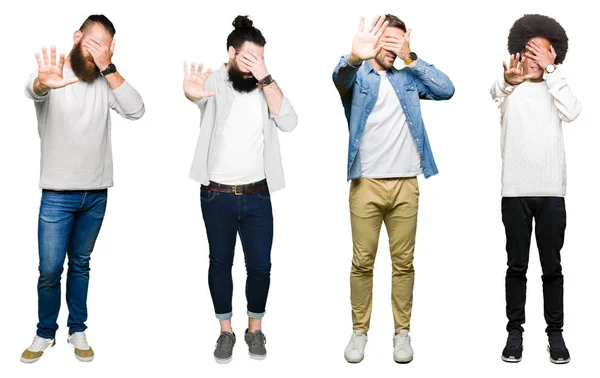 Коллаж Группы Молодых Людей Белом Изолированном Фоне Закрывающих Глаза Руками — стоковое фото