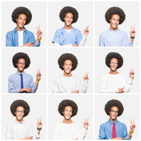 Koláž Mladého Muže Ochlupení Bílém Izolovaném Pozadí Usměvavou Tváří Která — Stock fotografie