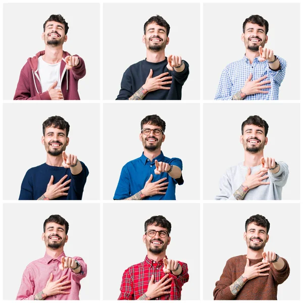 Collage Joven Sobre Fondo Aislado Riéndose Señalando Cámara Con Dedo —  Fotos de Stock