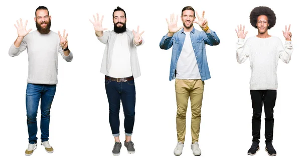 Kolaj Bir Grup Genç Adam Gösterilen Parmakları Ile Işaret Beyaz — Stok fotoğraf