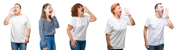Collage Group Senior People Isolated Background Shouting Screaming Loud Side — Stock Photo, Image