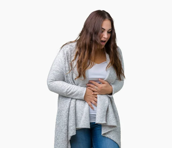プラスサイズの若い女性は美しいでは 胃に手と背景が分離上冬のジャケットを着て吐き気 気分が悪く痛みを伴う病気 痛みの概念 — ストック写真