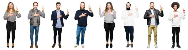 Collage Personer Över Vita Isolerade Bakgrund Att Svära Med Handen — Stockfoto