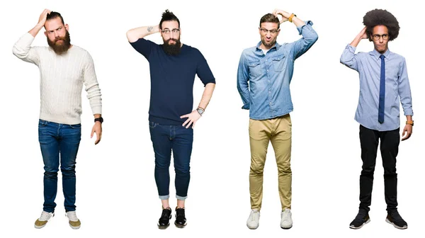 Collage Grupo Hombres Jóvenes Sobre Fondo Blanco Aislado Confunden Preguntan — Foto de Stock