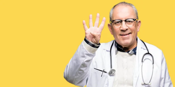 Muž Pohledný Vedoucí Lékař Lékařské Kabátě Ukazující Ukázal Prsty Číslo — Stock fotografie