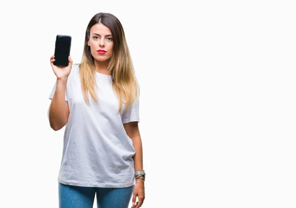 Young Beautiful Woman Showing Blank Screen Smartphone Isolated Background Confident — Stock Photo, Image