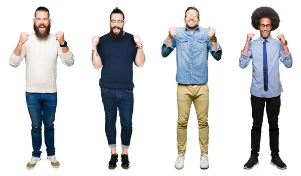 Collage Van Groep Jonge Mannen Witte Geïsoleerde Achtergrond Enthousiast Voor — Stockfoto