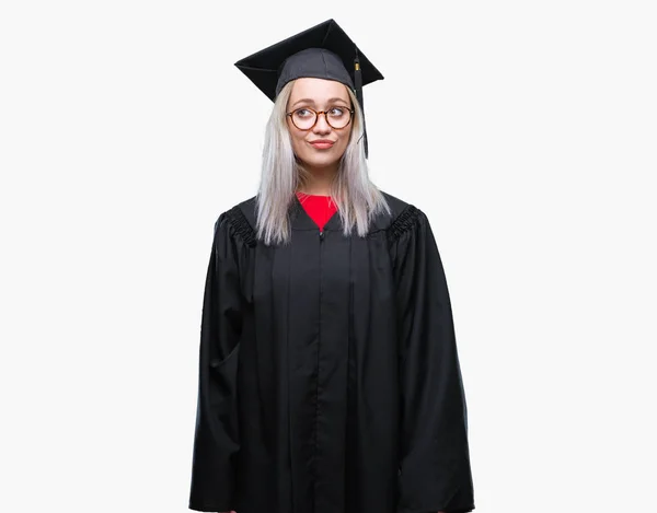 Jovem Loira Mulher Vestindo Pós Graduação Uniforme Sobre Isolado Fundo — Fotografia de Stock