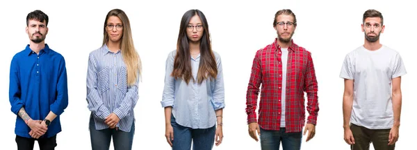 Collage Van Jongeren Witte Geïsoleerde Achtergrond Depressief Bang Voor Nood — Stockfoto