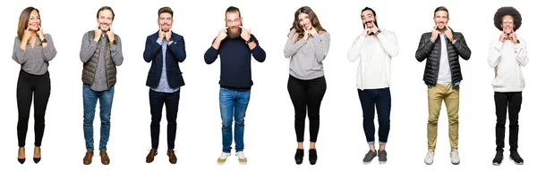 Collage Personas Sobre Fondo Blanco Aislado Sonriendo Con Boca Abierta —  Fotos de Stock