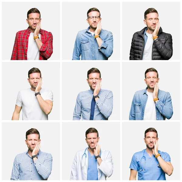 Collage Attractive Young Man White Isolated Background Touching Mouth Hand — Stock Photo, Image