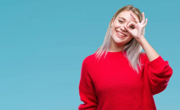 Jovem Mulher Loira Vestindo Camisola Inverno Sobre Fundo Isolado Fazendo — Fotografia de Stock