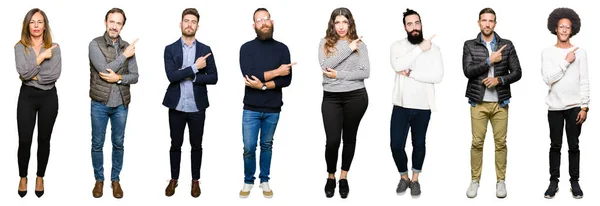 Collage Personas Sobre Fondo Blanco Aislado Señalando Con Dedo Mano —  Fotos de Stock