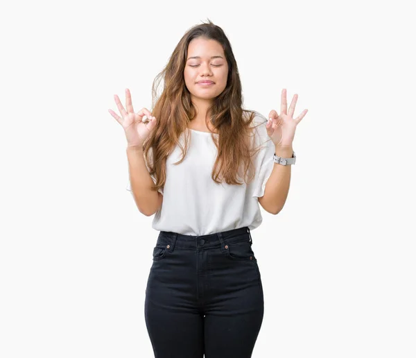 Joven Hermosa Mujer Negocios Morena Sobre Fondo Aislado Relajarse Sonreír — Foto de Stock