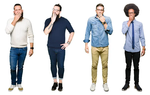 Collage Van Groep Jonge Mannen Witte Geïsoleerde Achtergrond Verveeld Geeuwen — Stockfoto
