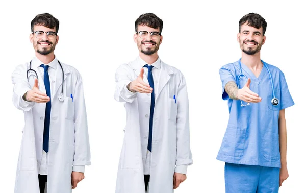 Colagem Médico Vestindo Casaco Médico Sobre Fundo Isolado Sorrindo Amigável — Fotografia de Stock