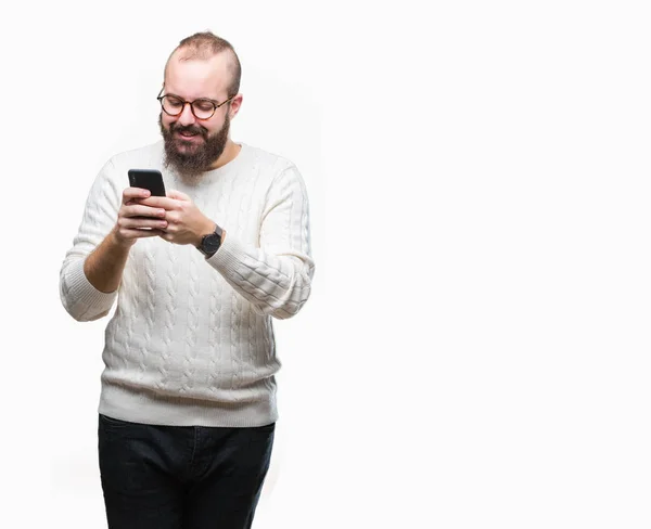 Young Caucasian Hipster Man Texting Sending Message Using Smartphone Isolated — Stock Photo, Image