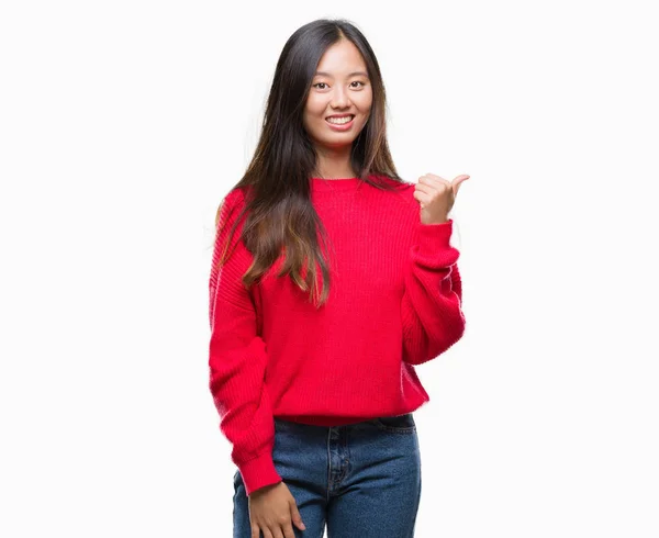 Jeune Femme Asiatique Portant Pull Hiver Sur Fond Isolé Souriant — Photo