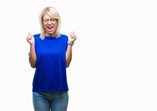 Joven Hermosa Mujer Rubia Con Gafas Sobre Fondo Aislado Emocionada —  Fotos de Stock