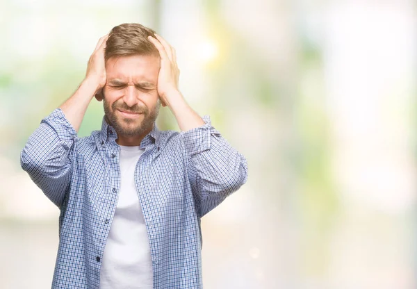 Jonge Knappe Man Dragen Witte Shirt Geïsoleerde Achtergrond Lijden Hoofdpijn — Stockfoto