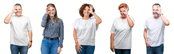 Collage Group Senior People Isolated Background Doing Gesture Hand Smiling — Stock Photo, Image